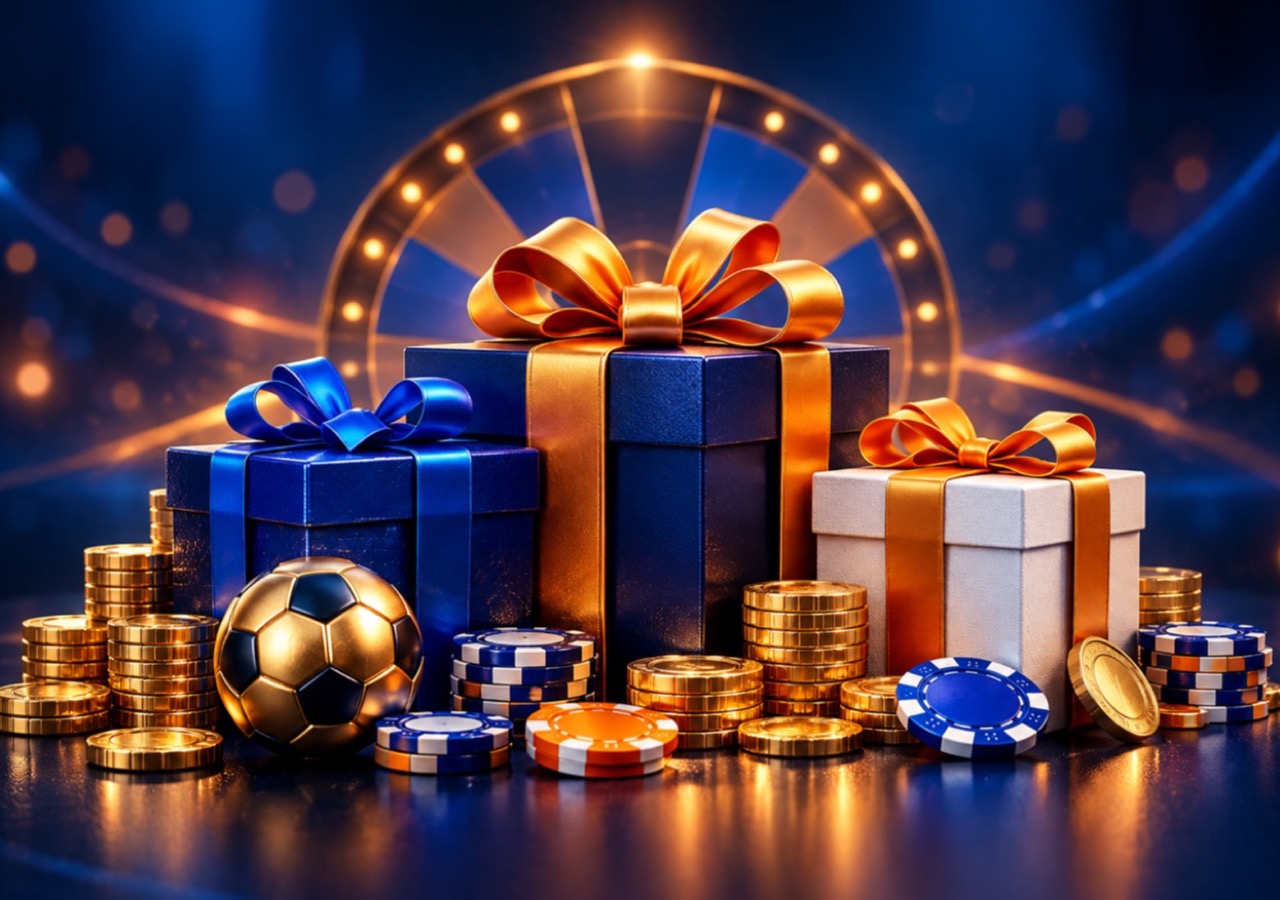 Mostbet bonus ve promosyon seçeneklerini temsil eden hediye kutuları ve ödül çarkı