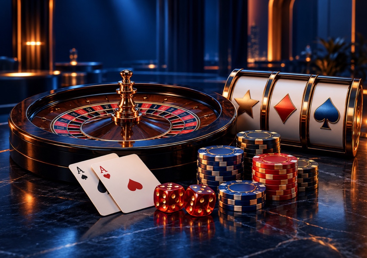 Rulet, kart, zar, slot ve casino fişlerinden oluşan casino oyunları görseli