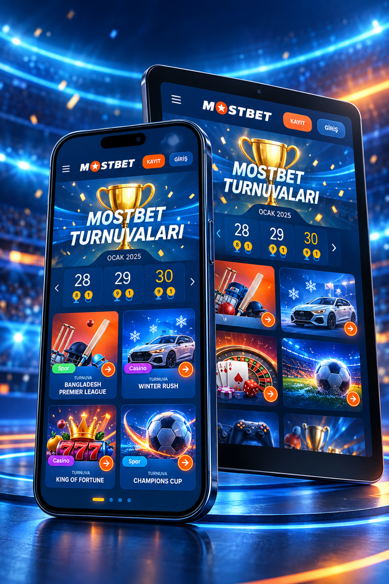 Telefon ve tablette Mostbet turnuvalar ekranı
