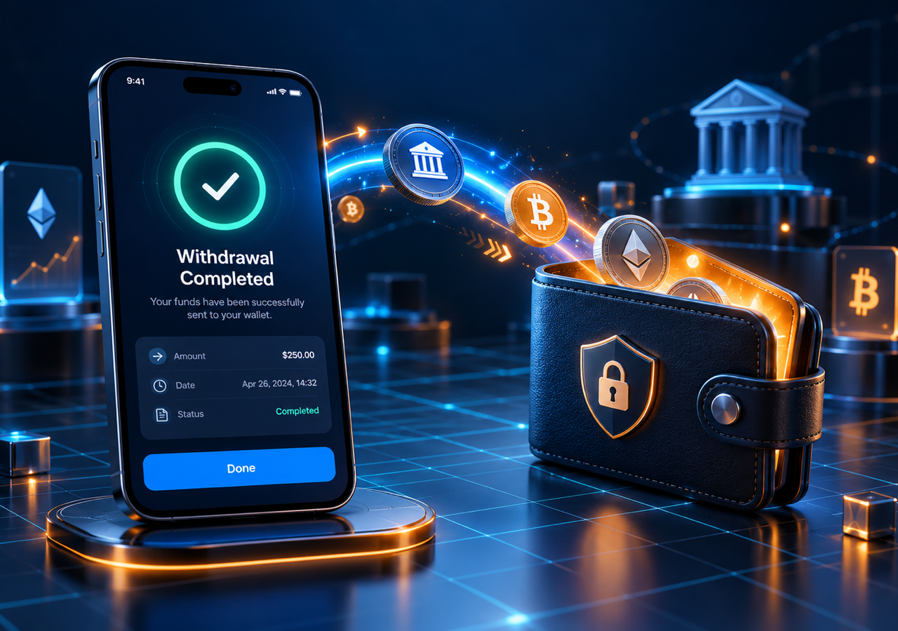 Banka ve kripto seçenekleriyle tamamlanmış güvenli para çekme işlemi