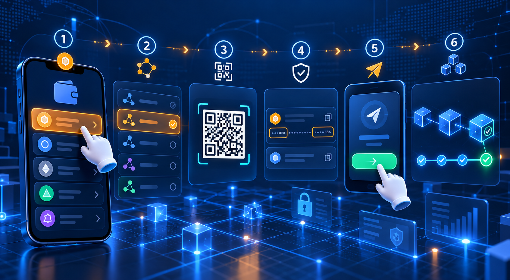 Kripto varlık, ağ, QR kodu, cüzdan adresi ve blok onayı adımları